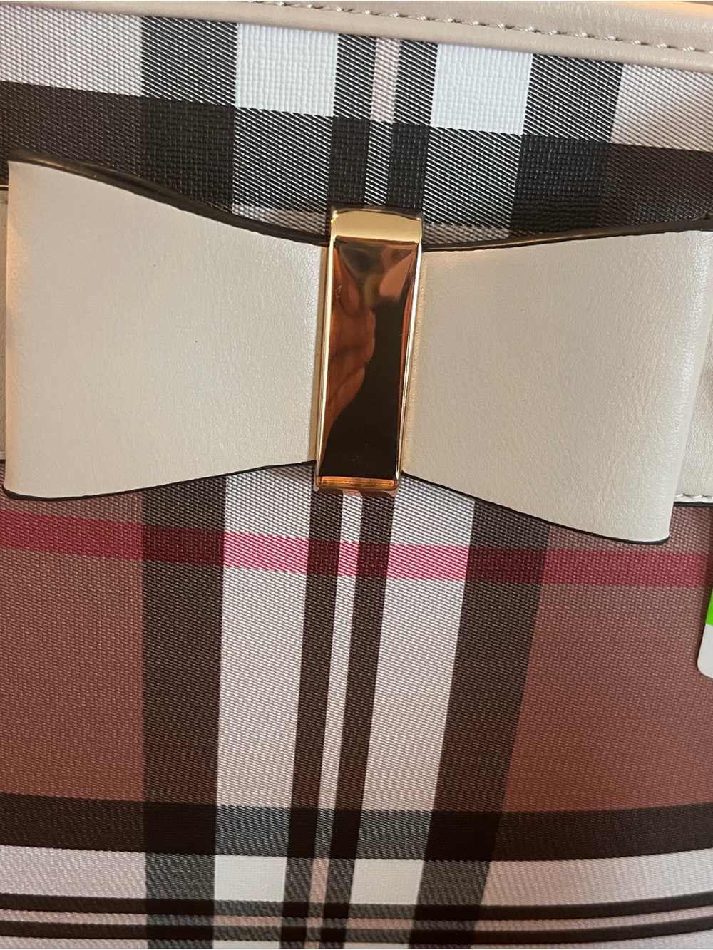 Women's Beige Plaid Tote Bag with Bow Accent